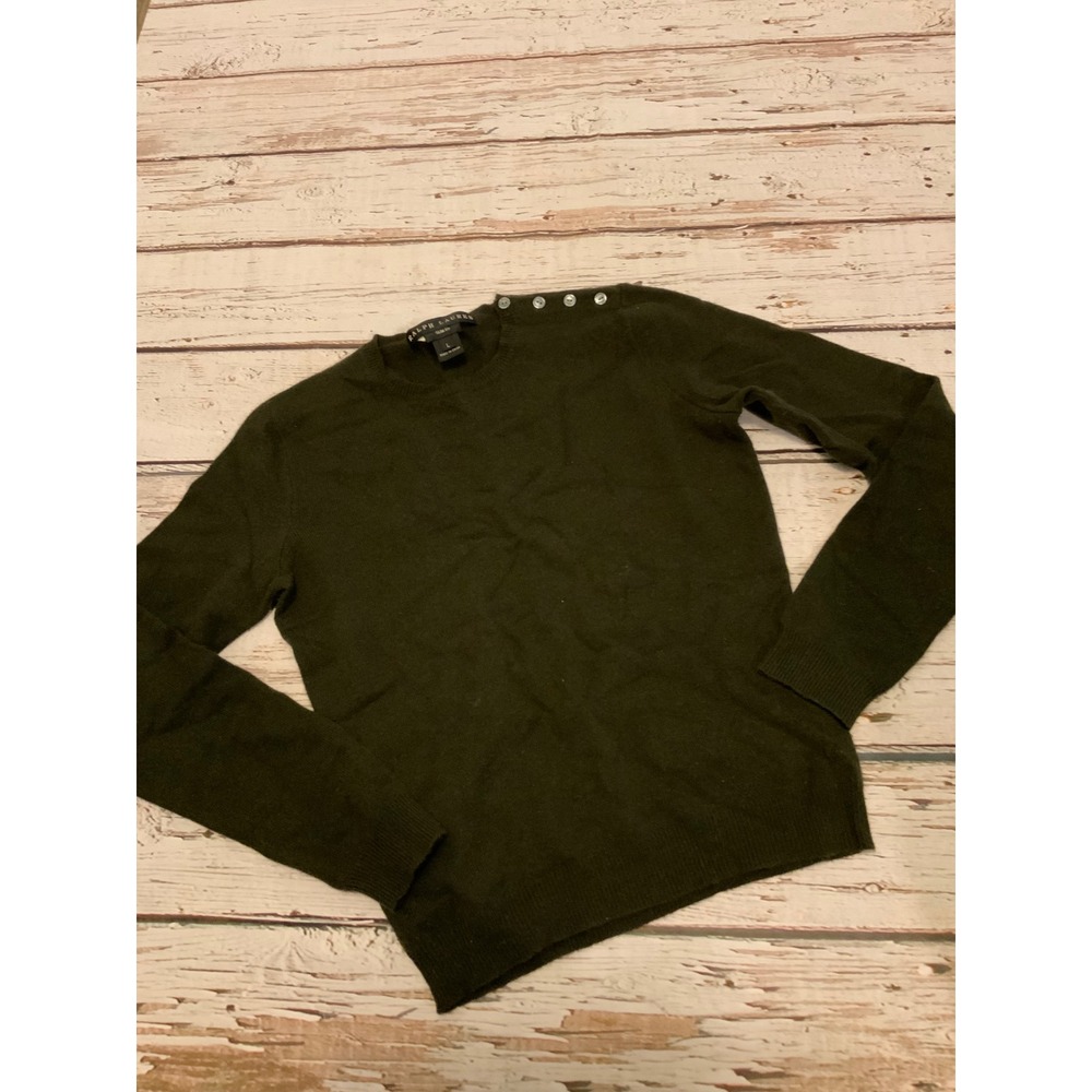 Ralph Lauren Black Label 100% Cashmere Sweater Olive Green Button Shoulder Large